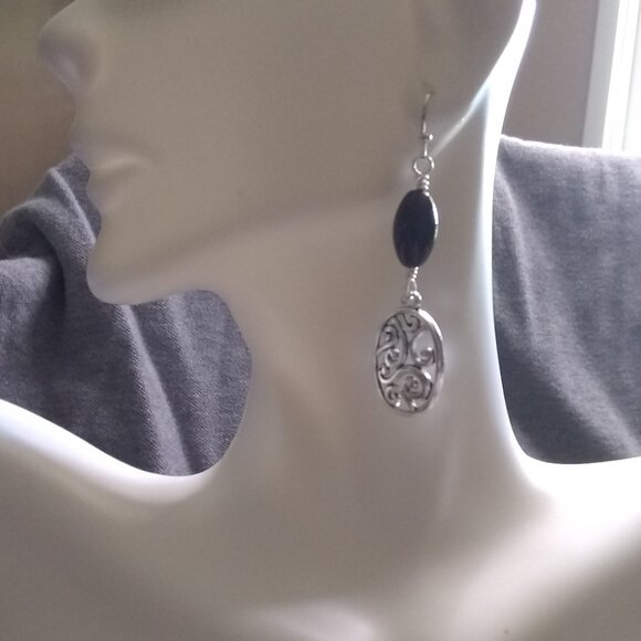 Silver Swirl Filigree & Black Jasper Bead Earrings ~ Feminine Power Tribal Vibes - Picture 4 of 9